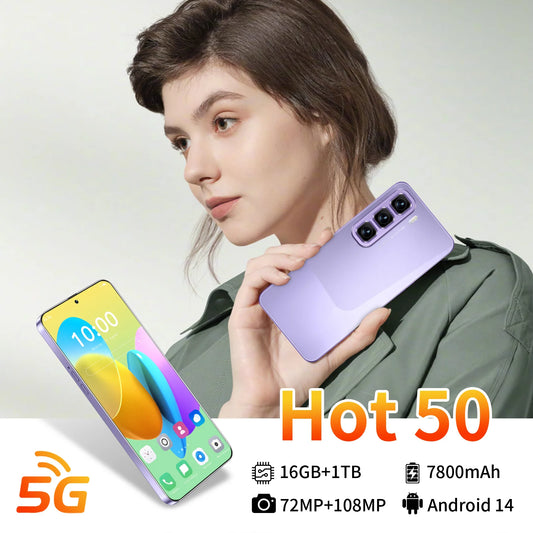 2025 New Arrival Original Hot 50 Pro 5G Smartphone 7.3 Inches 16GB+1TB Android Unlocked Phone Hot50 Mobile Phone Hot60i