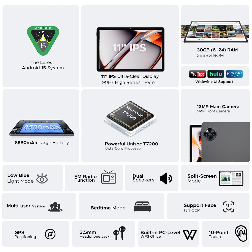 Global Version DOOGEE U11 Pro Android 15 Tablet 30GB(6+24) 256GB 11" HD 90Hz Display 8580mAh Battery Unisoc T7200 Widevine L1