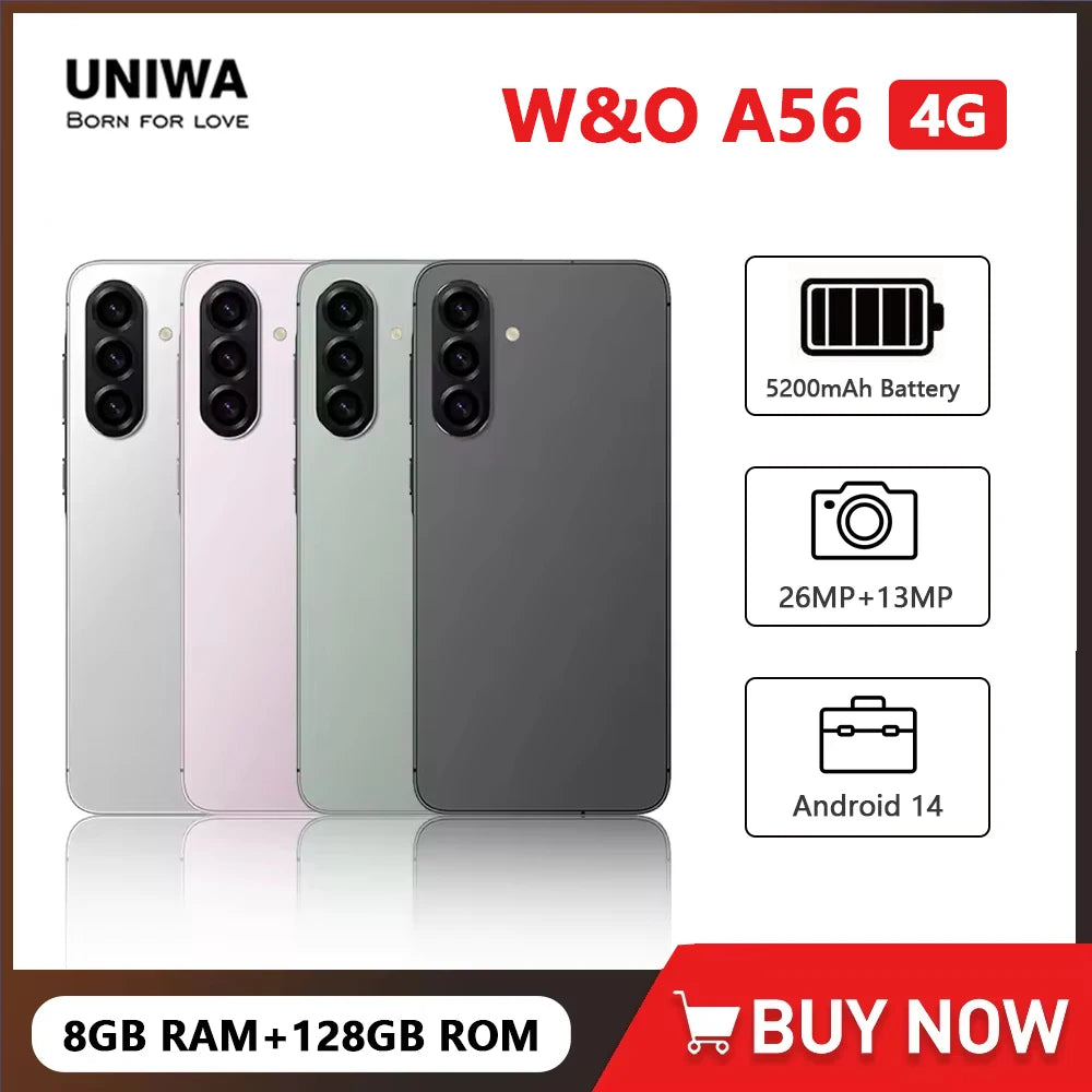 W&O A56 4G Smartphone Android 14 8GB RAM 128GB ROM Mobile phone 6.7 inch HD+ Display Dual SIM 5200mAh Battrey Cell Phone On Sale