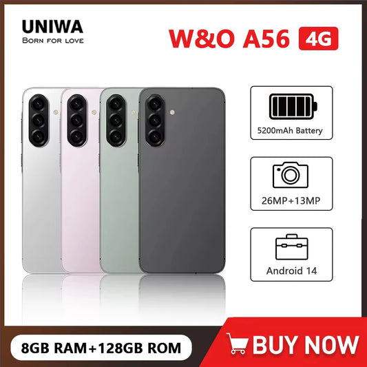 W&O A56 4G Smartphone Android 14 8GB RAM 128GB ROM Mobile phone 6.7 inch HD+ Display Dual SIM 5200mAh Battrey Cell Phone On Sale