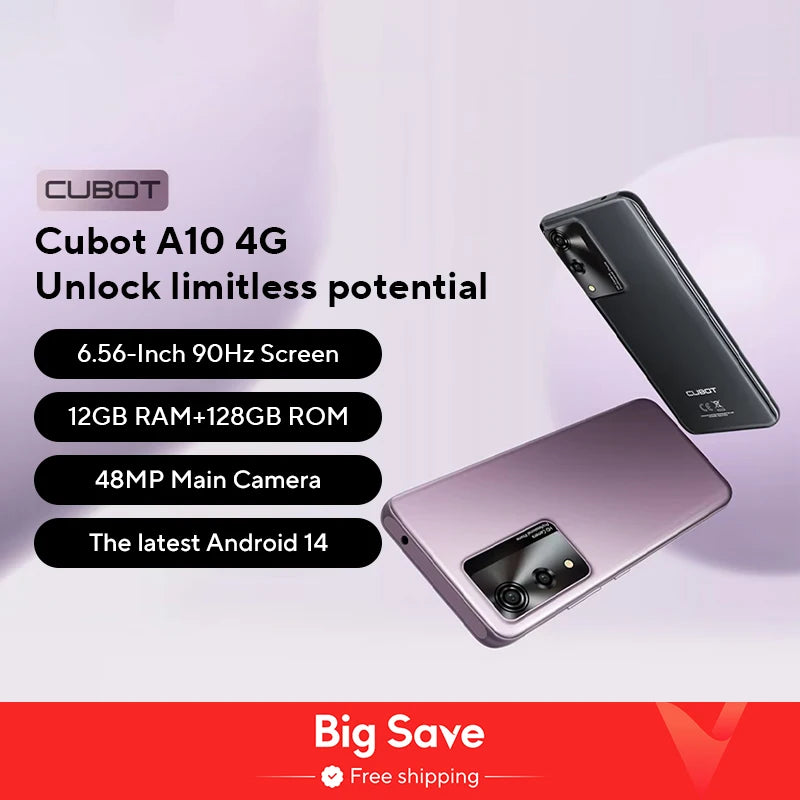 Android Smartphone Cubot A10, 12GB RAM (4GB+8GB), 128GB ROM, Octa-core, 6.56-Inch 90Hz Screen, 5100mAh, 48MP, 5G WiFi, 4G Phone