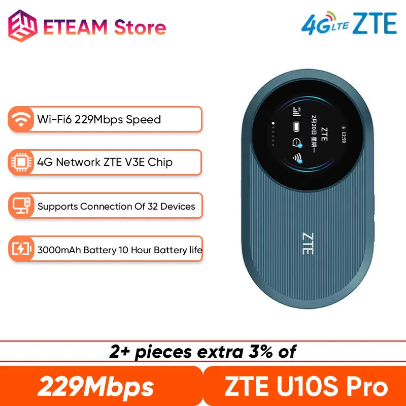 Original ZTE U10S Pro 4G LTE WiFi 6 229Mbps Mobile Router Pocket WiFi Router 3000mAh Sim Card Modem Portable Travel MiFi Hotspot