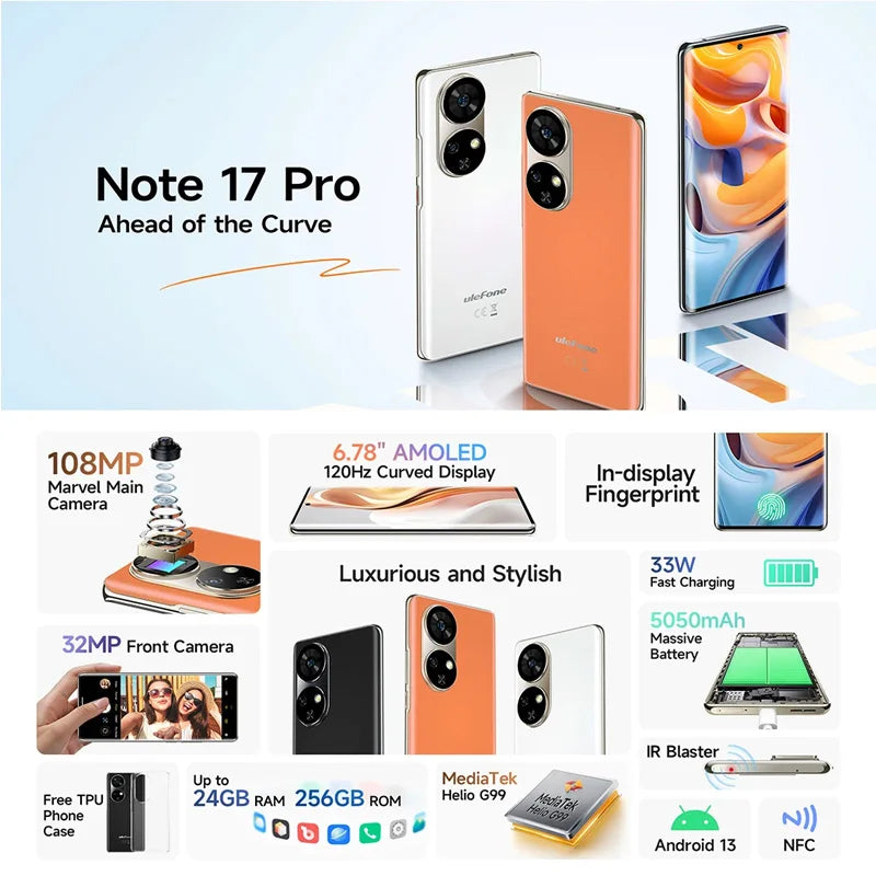 In Stock Ulefone Note 17 Pro,24GB+256GB,Android 13,NFC,6.78" 120HZ AMOLED Curved Display,108MP Camera,5050mAh,Global Version