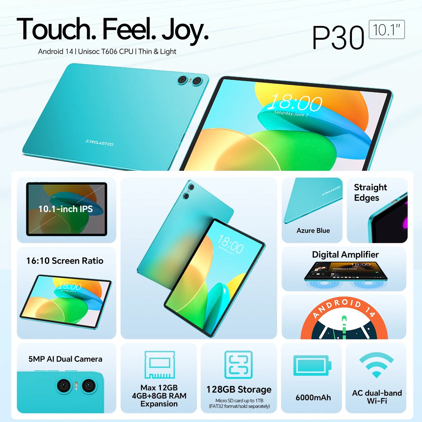 Teclast P30 Tablet Android 14 Max 12GB(4GB+8GB Expansion) RAM 128GB ROM 10.1" Tablets Unisoc T606 8-Core 6000 mAh AI Dual Camera