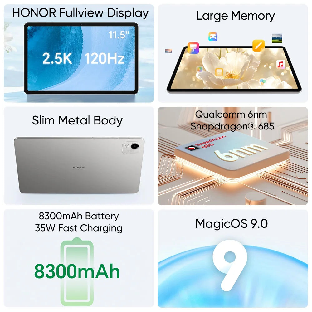 Global Version HONOR Pad X9a 11.5" 120Hz 2.5K Fullview Display Snapdragon 685 Slim Metal Body Tablet WiFi/LTE  Android15 8300mAh