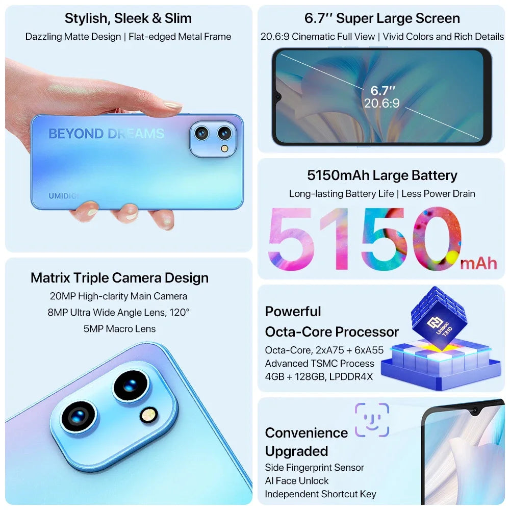 UMIDIGI A13S 4GB 64GB Android 11 Quad Core 6.7" HD+ Display Cellular 5150mAh 16MP Rear Camera Global 4G Network