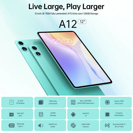 Odea A12 Android 14 Tablet, T606 8-core, 4GB+8GB RAM 128GB ROM, 12 inch 2000x1200 Display, 8000mAh, Widevine L1, 13MP Camera