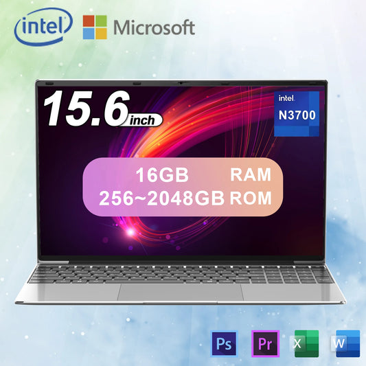 New 15.6 inch Portable Laptop  Windows 11 16GB RAM+2048GB ROM Intel N3700 Narrow Bezel Screen PC Office Entertainment Laptop