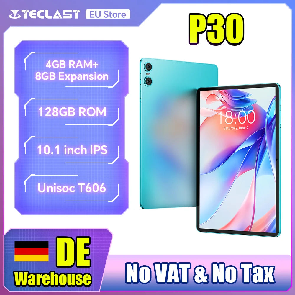 Teclast P30 Tablet Android 14 Max 12GB(4GB+8GB Expansion) RAM 128GB ROM 10.1" Tablets Unisoc T606 8-Core 6000 mAh AI Dual Camera