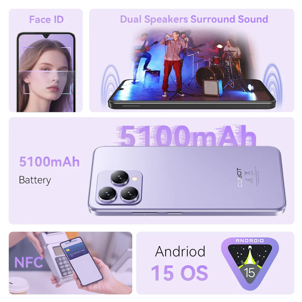 Cubot A40 Smartphone, Android 15, 12GB RAM+256GB ROM, 6.88-Inch 120Hz Screen,Octa-core, 48MP Camera, 5100mAh Battery,NFC,Face ID