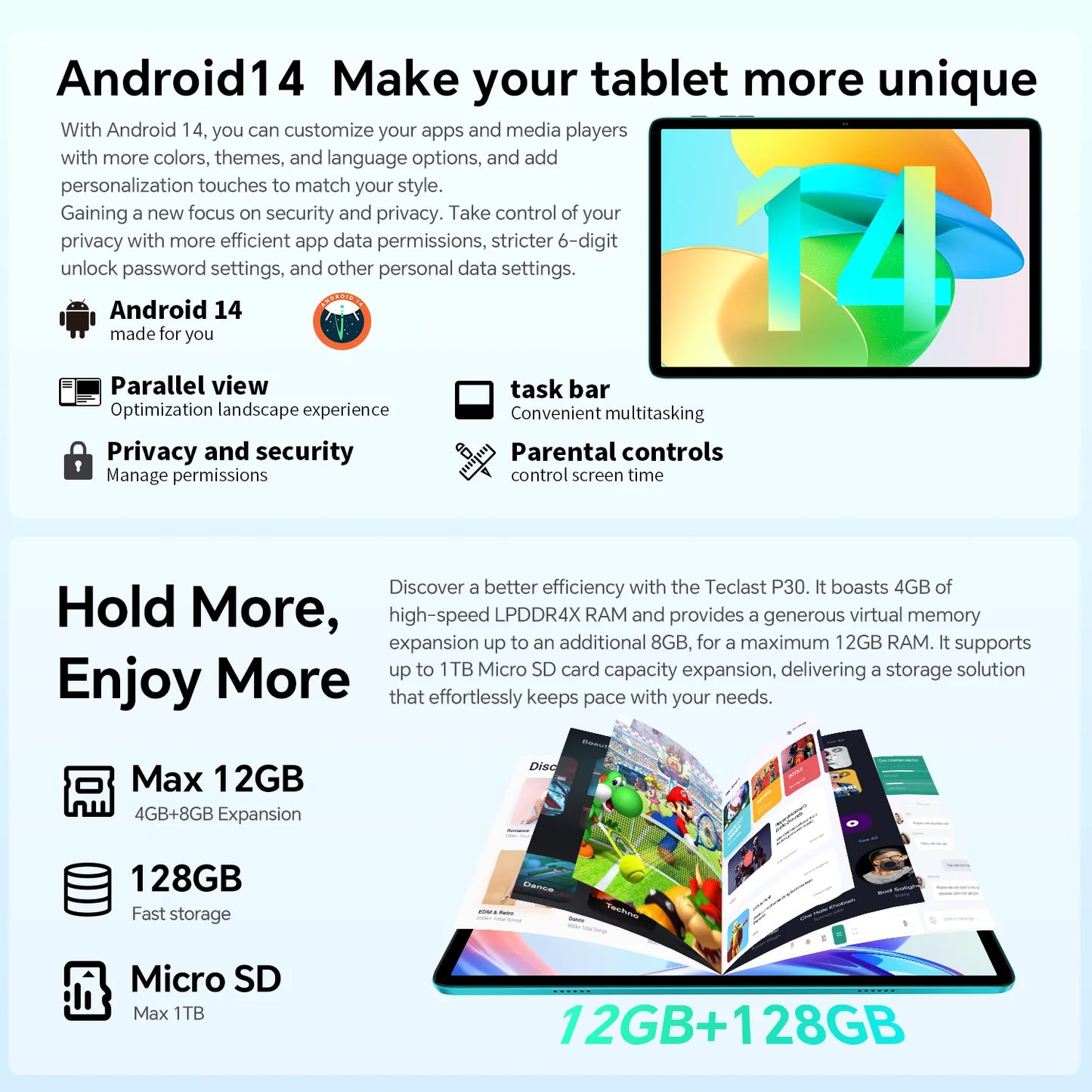 Teclast P30 Tablet Android 14 Max 12GB(4GB+8GB Expansion) RAM 128GB ROM 10.1" Tablets Unisoc T606 8-Core 6000 mAh AI Dual Camera