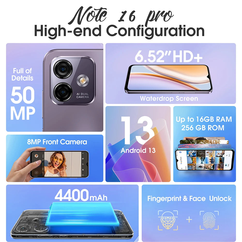 Ulefone Note 16 Pro 4G,16 ГБ（8ГБ+8ГБ расширенной）256 ГБ,Android 13, телефон,50 МП, 6,52 дюйма,4400 мАч,GPS,глобальная версия