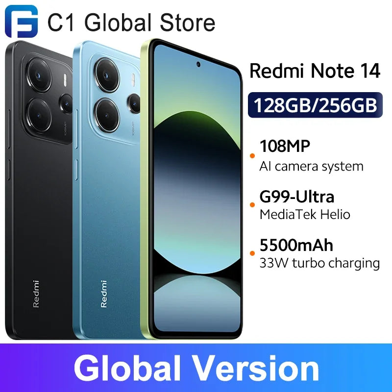 Xiaomi Redmi Note 14 Global Version MTK Helio G99 Ultra Smartphone 108MP AI Camera 5500mAh 6.67" 120Hz AMOLED Display IP54