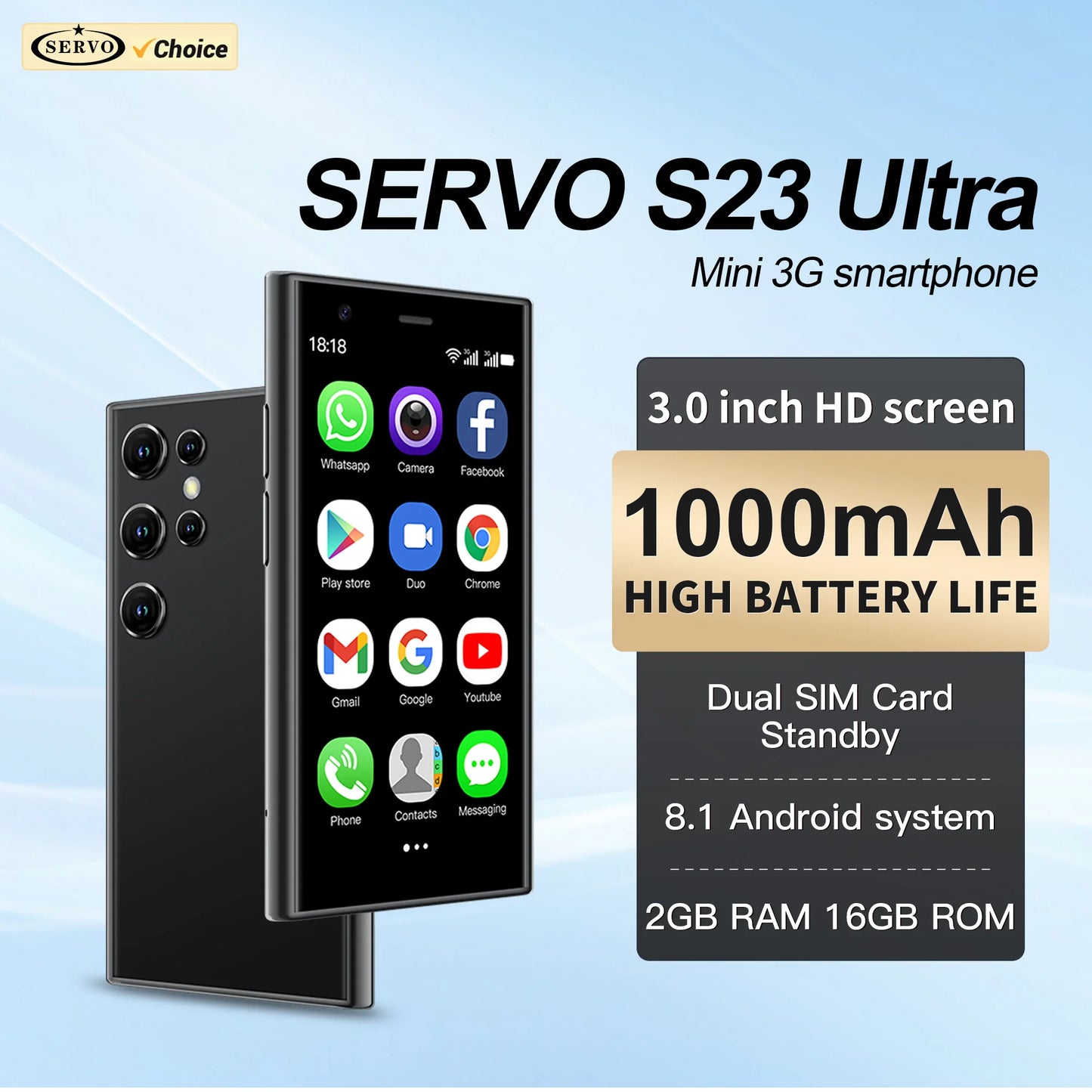SERVO S23 ULTRA Mini Smartphone Android OS 2GB RAM+16GB ROM Play Store WiFi Hotspot 3.0" Display Palm Smart Cellphones 3G WCDMA