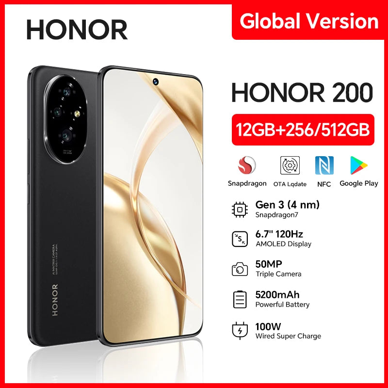 HONOR 200 12GB+256GB 512GB 6.7” OLED Screen, 5G, Dual SIM, 50MP Triple Camera, Android Smartphone