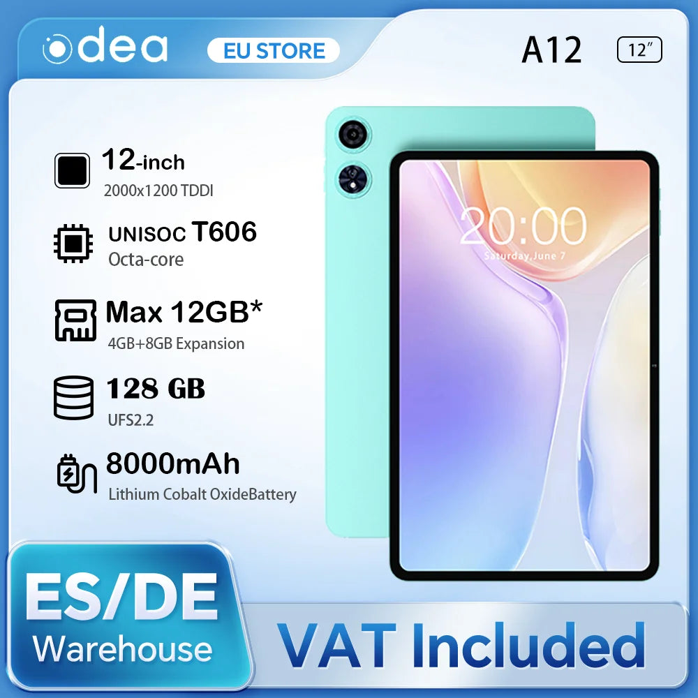 Odea A12 Android 14 Tablet, T606 8-core, 4GB+8GB RAM 128GB ROM, 12 inch 2000x1200 Display, 8000mAh, Widevine L1, 13MP Camera